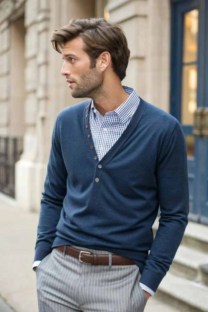 Button-Down Shirt with V-Neck Sweater