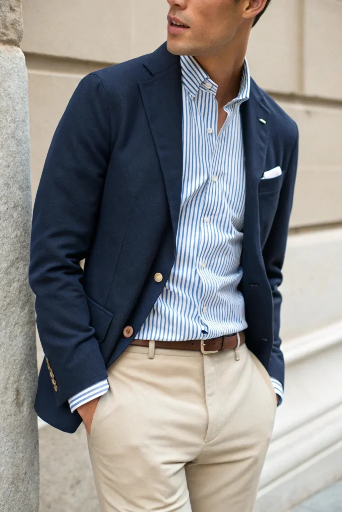 Blazer with Striped Shirt and Chinos