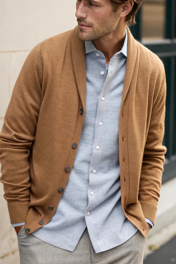 Cardigan Layered Over Button-Down Shirt