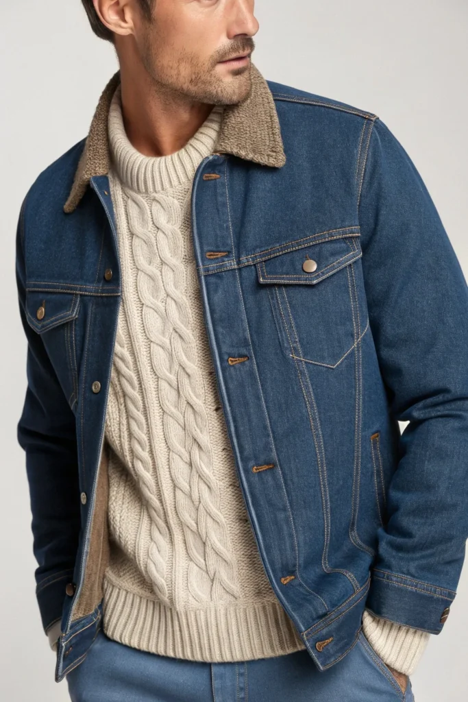 Denim Jacket with Cable-Knit Sweater