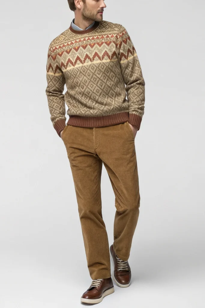 Patterned Sweater with Corduroy Pants