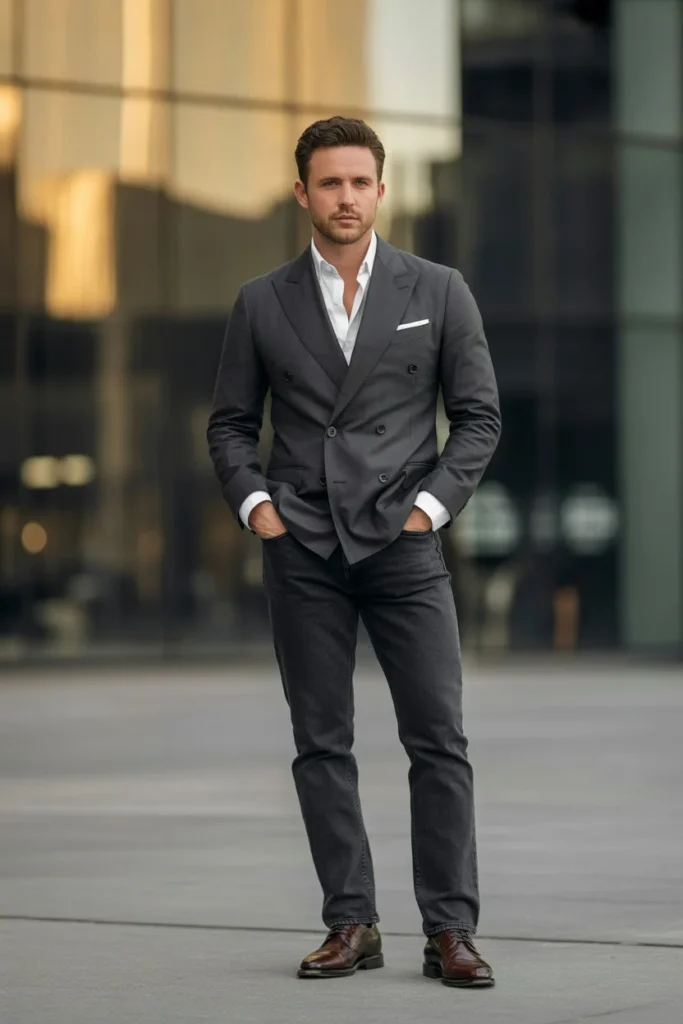 Double-Breasted Blazer with Dark Jeans