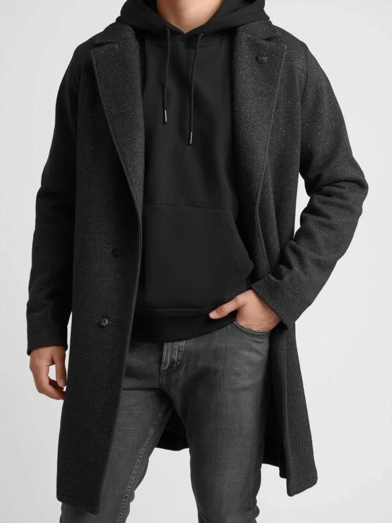 Hoodie Layered with a Long Coat and Gray Jeans