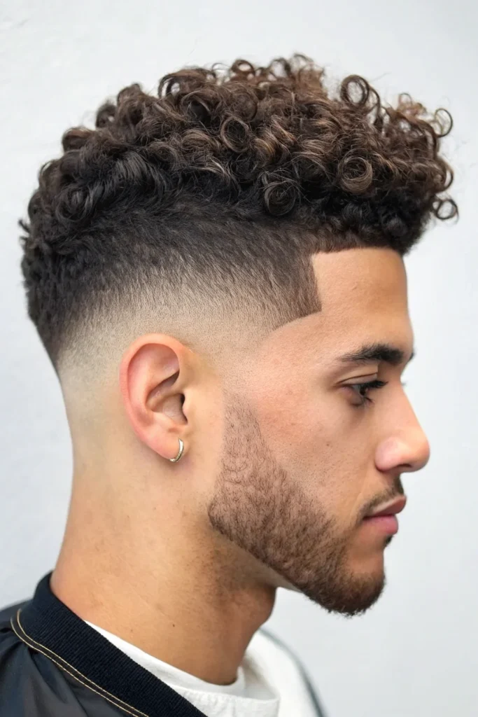 Low Taper Fade with Curly Top and Line Up