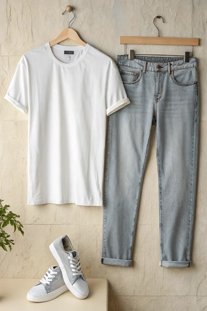 White T-Shirt with Light Gray Jeans