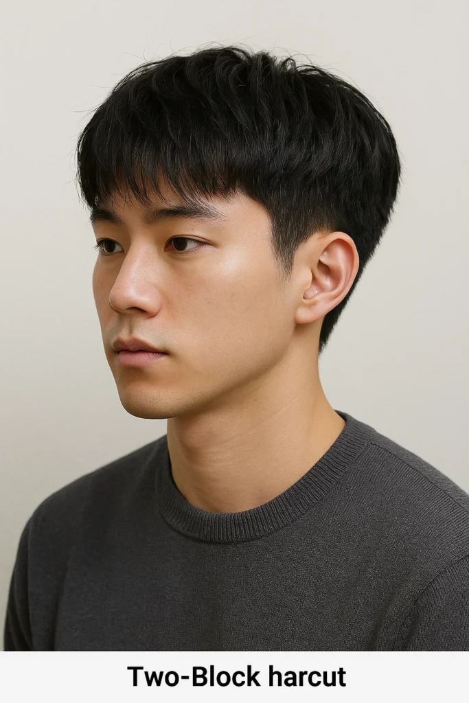 Two-Block Haircut as a short Korean haircut for men