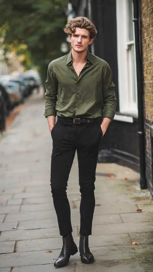 Olive Green Shirt + Black Slim Trousers + Chelsea Boots