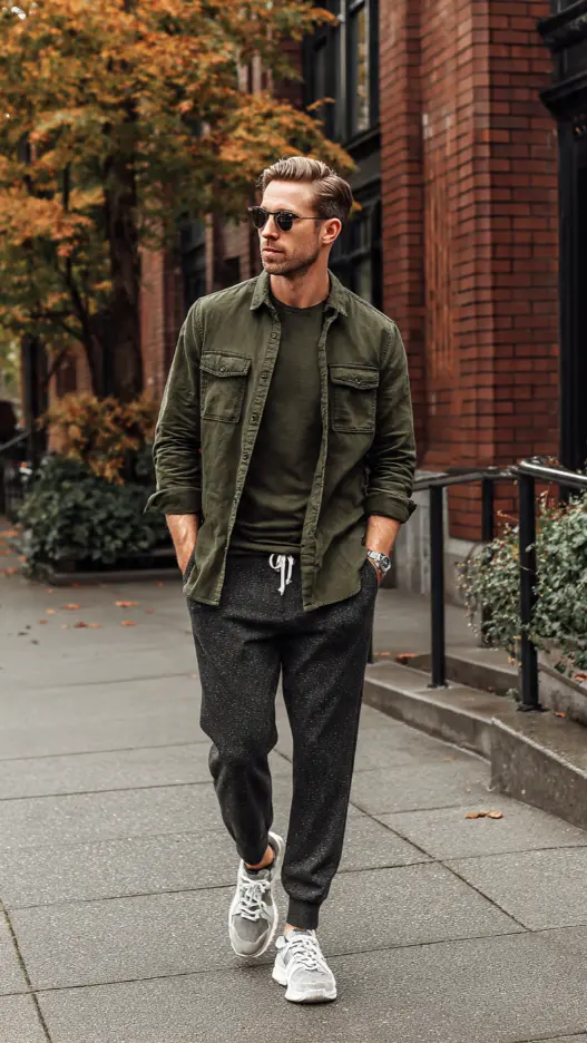 Olive Green Shirt + Charcoal Joggers + Chunky Sneakers
