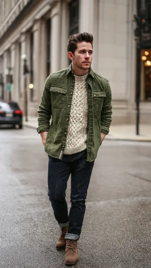 Olive Green Shirt + Cream Knit + Dark Jeans + Boots