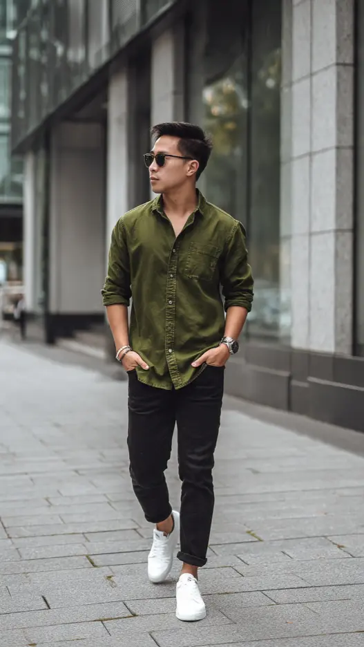Olive Green Shirt + Dark Jeans + White Sneakers