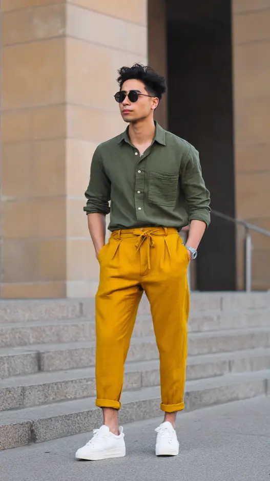 Olive Green Shirt + Mustard Trousers + White Sneakers