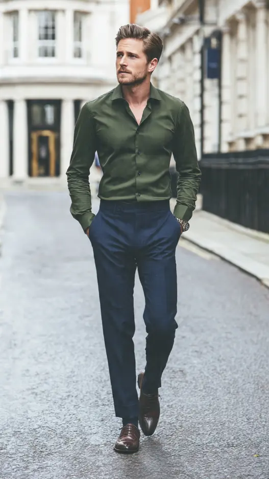 Olive Green Shirt + Navy Suit Trousers + Oxford Shoes