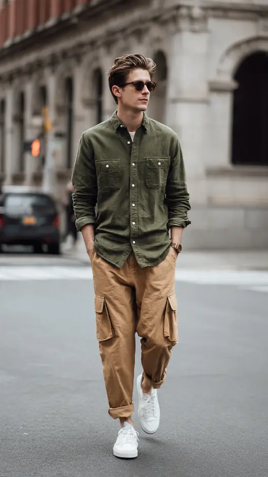 Olive Green Shirt + Tan Cargo Trousers + White Sneakers