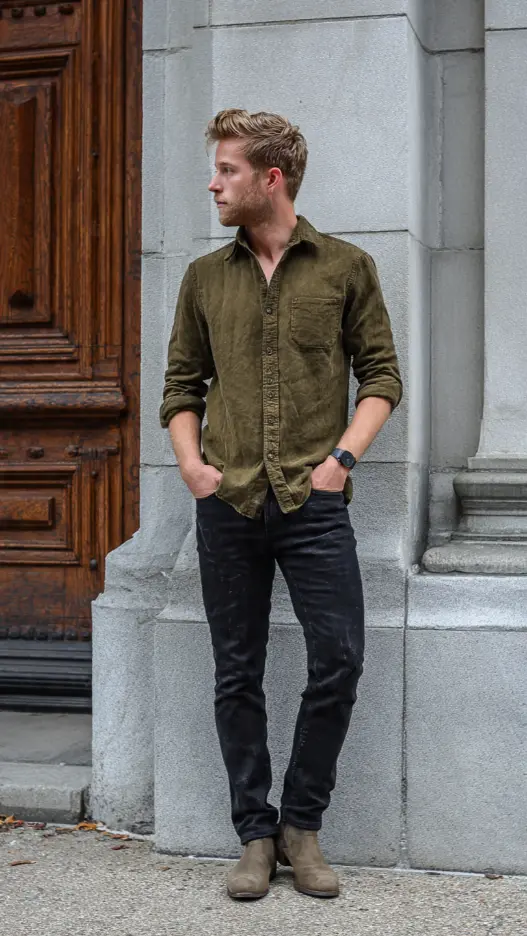 Olive Green Shirt + Washed Black Jeans + Suede Desert Boots