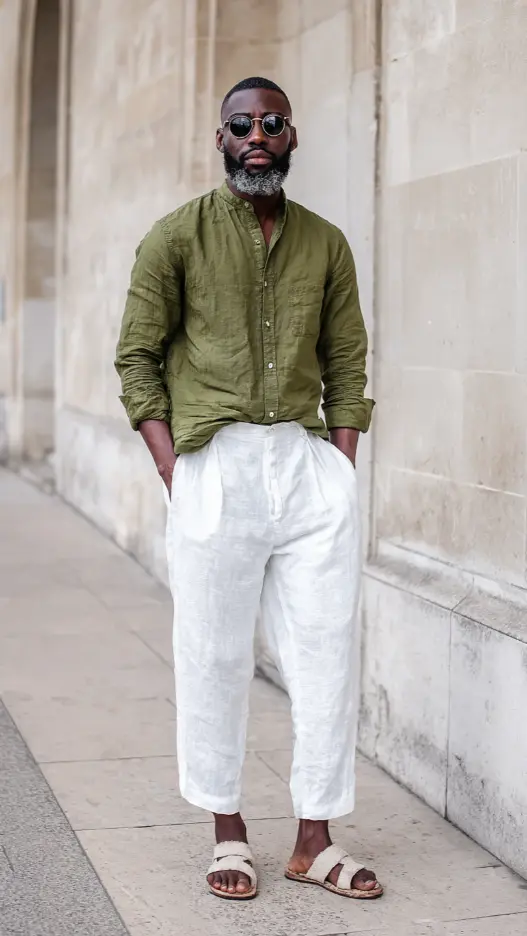 Olive Green Shirt + White Linen Trousers + Sandals
