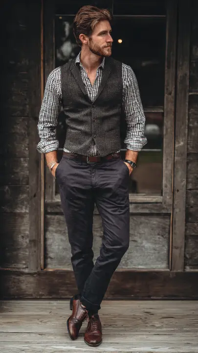 Rustic Vest + Dress Shirt + Dark Chinos